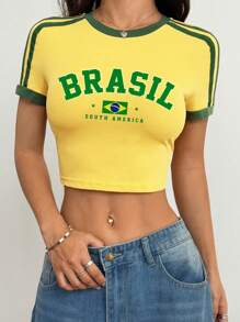 SHEIN EZwear Áo thun nữ tay ngắn bó sát họa tiết Brazil Colorblock, thích hợp cho mùa thể thao xuân/hè - Màu vàng - Xem 4