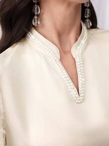 Al Najma 勃艮第红色女士 V 领喇叭袖仿珍珠装饰优雅阿拉伯连衣裙，优雅朴素的华丽束腰外衣阿拉伯连衣裙，适合晚会/休闲日常 - 香檳色 - 查看 7