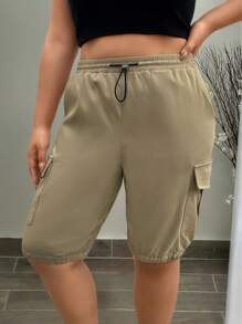 SHEIN LUNE LUNE 大码女式休闲工装短裤，简约时尚，适合日常穿着，夏季百搭，春假、锐舞派对、春夏皆宜。 - 卡其色 - 查看 4