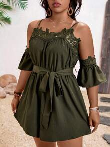 Breezaya 大码假日休闲纯色蕾丝拼布露肩带连体裤 - 軍綠色 - 查看 5