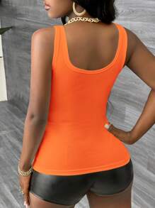 Slaydiva Camiseta sin mangas básica informal de punto acanalado de canalé con escote en V profundo en color blanco - Naranja - Ver 2