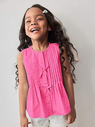 Maija Kids Maija Kids Young Girl Round Neck Woven Casual Tank Top With Bow Decor