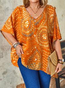 大码女式度假花卉印花蝙蝠袖宽松衬衫，波西米亚风上衣 - 橘色 - 查看 4