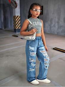 Tween Girls Street Style Distressed Loose Straight Wide-Leg Jeans - Medium Wash - View 3