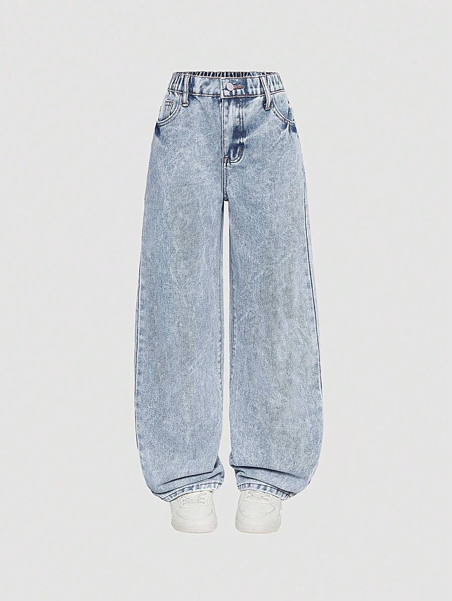 Streecool Tween Girl Fashion Loose Straight Leg Pants Versatile Design For Girls - Light Wash - View 1