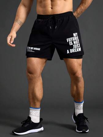 Manfinity Sport Polished Men's Slogan Print Drawstring Waist Sports Shorts