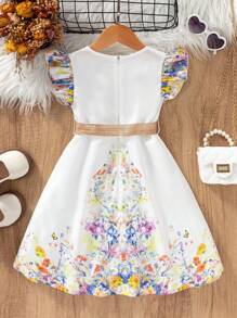 SHEIN Young Girls Floral Field Vacation Picnic Straw Waist Dress