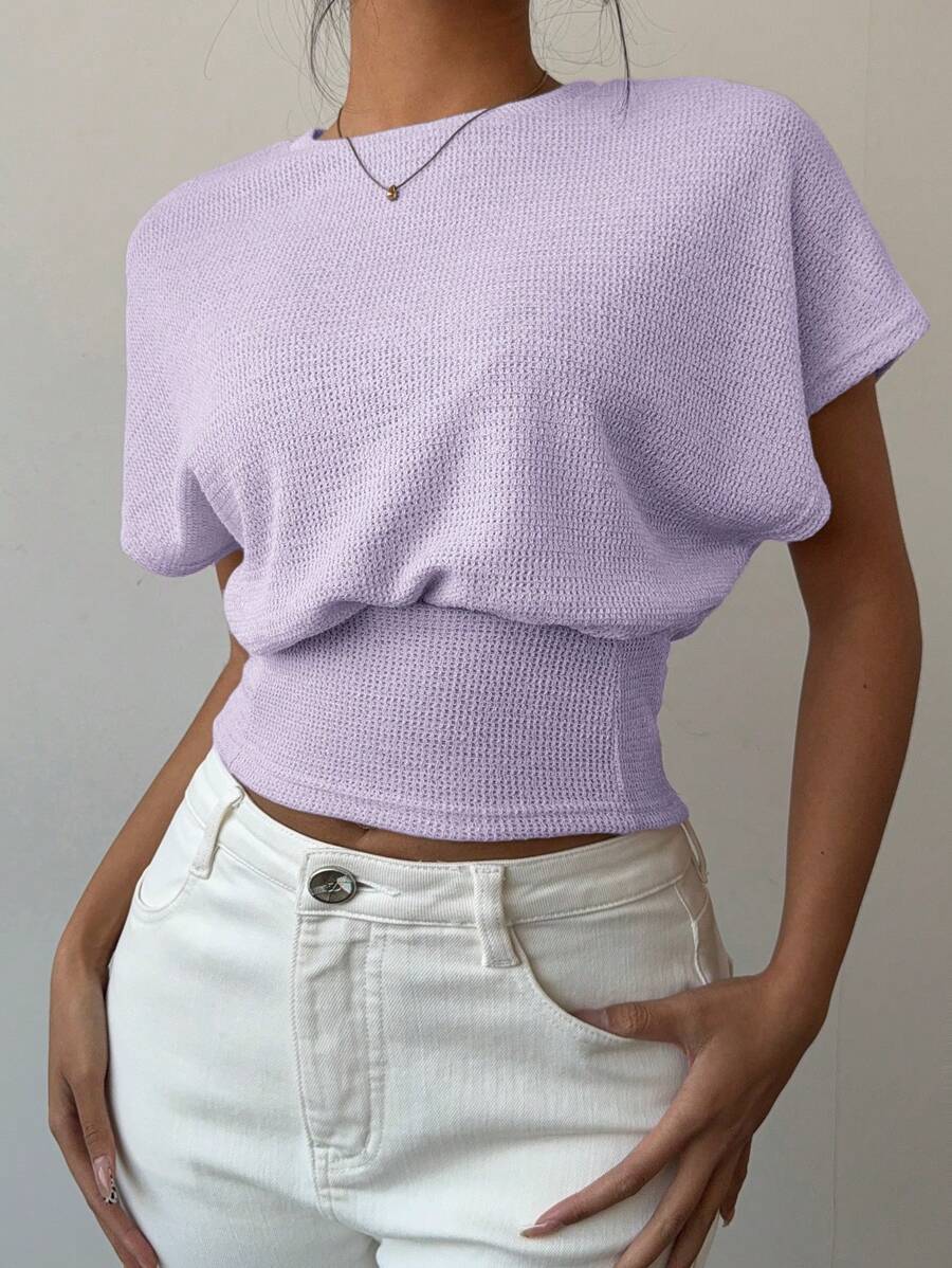 Aloruh 女士纯色圆领蝙蝠袖休闲腰部 T 恤 - 紫色 - 查看 1