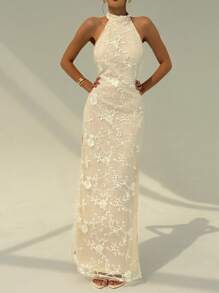 Aloruh Váy ren cổ điển gợi cảm hở lưng jacquard xẻ cao đa năng, váy dự tiệc & dạ hội, màu đỏ rượu vang - trắng - Xem 6