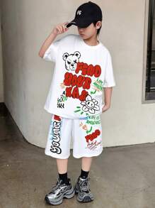 2pcs Big Boy White Bear Letter Print Casual Set, Including Loose Fit Shorts & Graphic Print Top - Multicolor - View 1