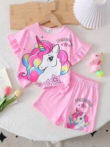 Young Girls Pink Colorful Unicorn Ruffle Short Sleeve T-Shirt With Elastic Waist Shorts Set, Casual For Summer Daily Wear