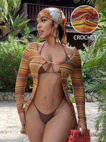 SHEIN SXY Chaqueta casual de rayas de manga larga con ajuste entallado para vacaciones - Multicolor - Ver 1