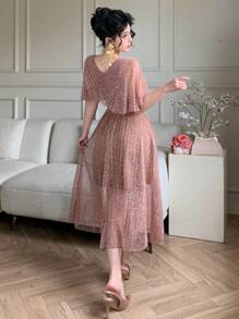 DAZY Đầm maxi nữ màu trơn cổ chữ V thanh lịch viền bèo nhún, dáng dài ngang gối, đầm dạ hội sang trọng, đầm đính sequin lấp lánh. - Rượu sâm banh - Xem 2