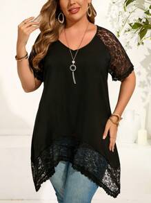 EMERY ROSE Plus Size Women Casual Contrast Lace Short Sleeve Top