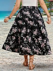 Breezaya Jupe ample en lin à taille haute et à motif floral épars pour femmes grandes tailles