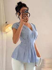 SHEIN Unity Women's Striped Pleated Hem V-Neck Casual Elegant Fashion Blouse - Blue - View 3