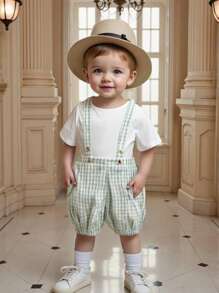 SHEIN 2pcs/Set Baby Boy Peter Pan Collar Short Sleeve Top And Bib Shorts - Mint Green - View 1