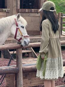 DAZY Mid-Length A-Line Princess Lace Patchwork Solid Color Crew Neck Long Sleeve Tween Girl Dress - Army Green - View 3