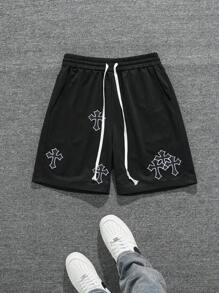 SHEIN Manfinity Dauomo Men's Cross Print Drawstring Waist Regular Fit Casual Shorts