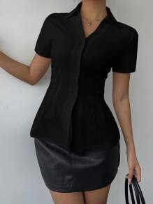 Siren Gaze 女士纽扣褶皱修身优雅纯色衬衫、白衬衫、女士商务休闲装、办公室警笛衬衫、情人节约会上衣、白领衬衫