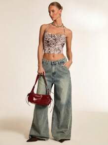 Glamine Top canotta attillato con collo ad aletta a stampa leopardata per donna