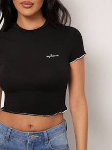 SHEIN Unity Top Sagittarius Embroidered Astrology Star Sign Everyday Casual Streetwear Lettuce Hem Birthday Gift Cotton Thanksgiving Christmas NYE New Years Eve Outfits For Women T Shirt - Black - View 5