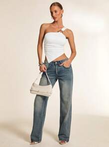 Glamine Parte superior de punto con anilla metálica y dobladillo asimétrico para mujer, adecuada para salidas, fiestas, reuniones y conciertos