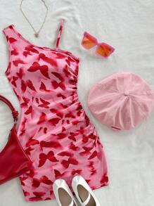 Holiday,Summer,TravelTween Girl Elegant Casual Vacation Asymmetrical Shoulder Snug Fit Butterfly Print Red Knitted Dress, Suitable For Spring/Summer Outdoor Vacation, Beach Outfit