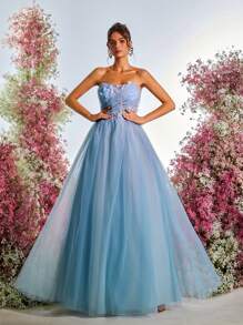 Glamrae 优雅浅蓝色露肩立体3D蝴蝶拼接网眼透视胸杯鱼骨条纹超大A字连衣裙，背面配有可调节肩带，适合约会、海滩度假、生日、成人仪式、派对、毕业返校季婚礼活动、舞会晚宴礼服、派对礼服、婚礼宾客礼服、正式礼服、晚礼服、礼服 - 淺藍色 - 查看 7