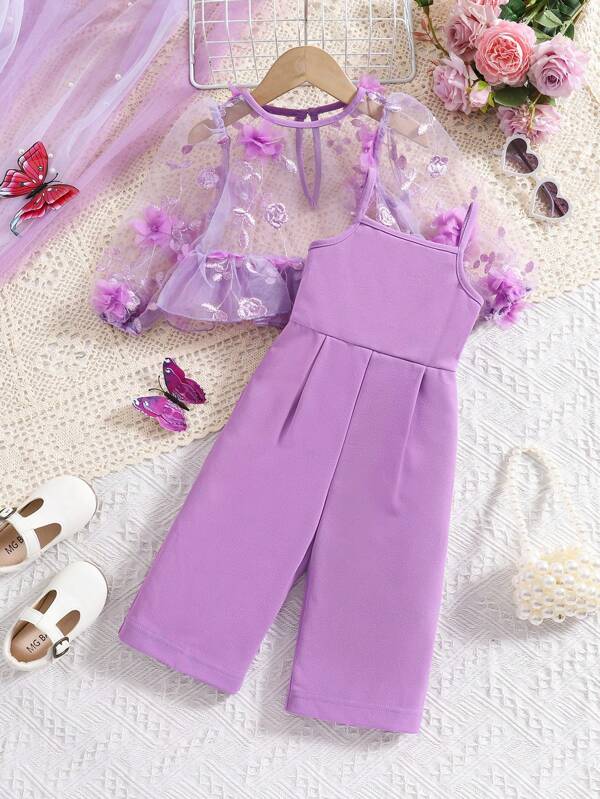 SHEIN Baby Girls Summer Floral Mesh Long Sleeve Top With Elastic Waist Solid Color Pants Set, Suitable For Summer