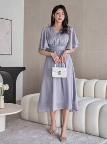 DAZY Solid Color V-Neck Ruffle Sleeve Pleat Hem Mid-Length Dress For Women Maxi Dress - Blue - View 4