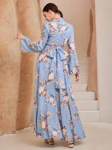 Graceveil Stand Collar Cross Strap Flare Sleeve Women Arabic Long Dress - Blue - View 2