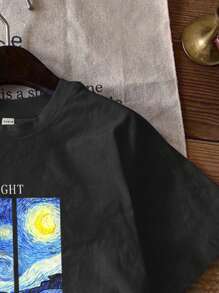 SHEIN EZwear Áo thun tay ngắn cổ tròn dáng rộng họa tiết đêm đầy sao Van Gogh màu đen dành cho nữ, phù hợp cho mùa hè - màu đen - Xem 3