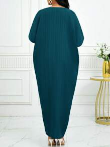 SHEIN Lady Gaun Kaftan Lengan Kelelawar Berlekuk Warna Hijau untuk Musim Gugur dan Musim Dingin - Biru - View 2