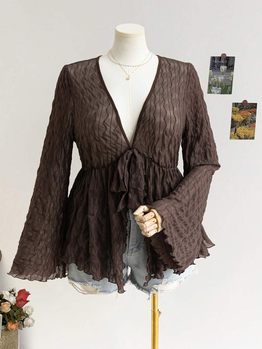 SHEIN WYWH 大码女式卡其色针织纹理网眼前开襟系腰喇叭袖衬衫 - 咖啡棕 - 查看 1