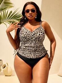 Swim Lushoire Women Plus Size Leopard Print 2 Pieces Set - Halter Neck Criss-Cross Front Drawstring Waist Top And Triangle Bottoms Vacation Bikini For Summer - Multicolor - View 6