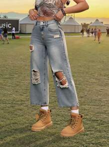 SHEIN PETITE Women's Ripped Jeans Low-Rise Design Retro Y2K Music Festival Outfits Summer Jeans - Light Wash - View 5