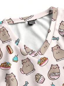 PopScrub Áo đồng phục y tá thường ngày in hình mèo và thức ăn dễ thương - trắng - Xem 4