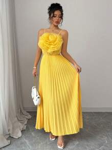SHEIN PETITE Vestido de línea A con decoración floral elegante, cintura drapeada, cintura alta, apropiado para fiestas y uso diario, color amarillo, para mujer primavera/verano