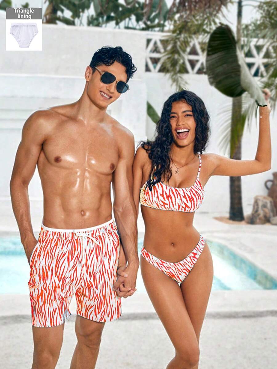 Manfinity VDAYZ Men Zebra Patterned Print Drawstring Waist Beach Shorts (Asymmetrical Print) - Orange - View 1