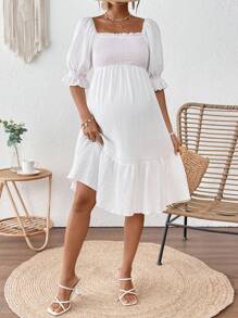 SHEIN Maternity Striped V-Neck Puff Sleeve Casual Dress - White - View 5