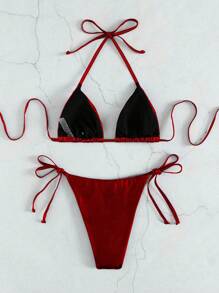 Swim Vcay Bikini hở lưng tam giác buộc hai bên bãi biển mùa hè bằng da PU Bộ bikini dành cho nữ - Đỏ - Xem 5