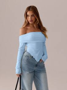 SHEIN SXY Blusa blanca; Camiseta de manga larga a pliegues asimétrica blanca sólida, otoño/primavera; Camiseta ajustada de punto off-shoulder para mujer; Adecuado para citas; Salida diaria - Azul - Ver 3