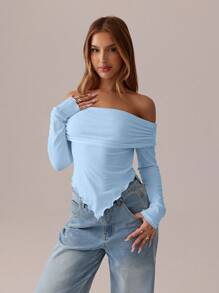 SHEIN SXY Blusa blanca; Camiseta de manga larga a pliegues asimétrica blanca sólida, otoño/primavera; Camiseta ajustada de punto off-shoulder para mujer; Adecuado para citas; Salida diaria - Azul - Ver 7