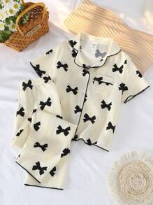 Girls Apricot Butterfly Ruffle Print Button-Up Short Sleeve Pajama Set - Multicolor - View 7