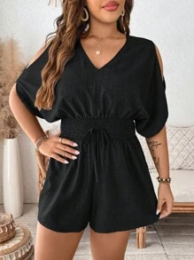 SHEIN LUNE Plus Size V-Neck Shirred Shirred Waist Jumpsuit