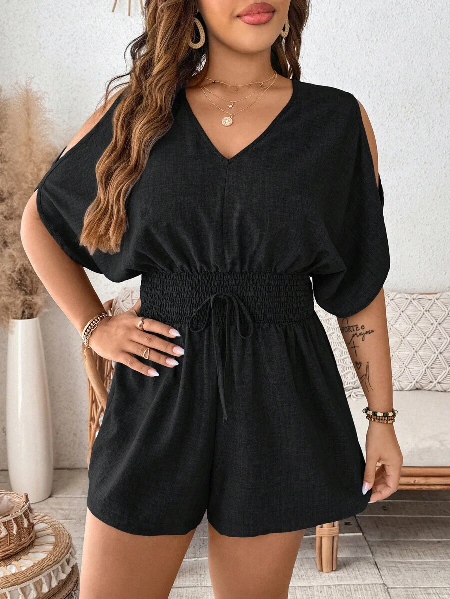 SHEIN LUNE Plus Size V-Neck Shirred Shirred Waist Jumpsuit