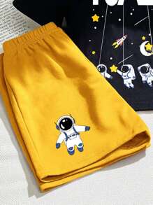 SHEIN Playful Pals 男婴两件套服装：宇航员、星球和火箭印花圆领短袖黑色 T 恤和黄色短裤 - 黑色 - 查看 5