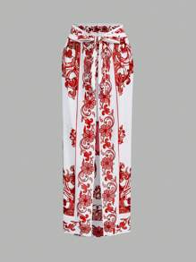 Swim Oasis BOHO Luxurious Palace Printed Exquisite Ruffled Sleeve Premium One-Piece Suit - Red and White - View 3