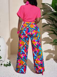 Slaydiva Summer Holiday Loose Short Sleeve Shirt With Collar And Front Pocket, Button Closure And Straight Leg Jumpsuit Set - Hot Pink - View 2